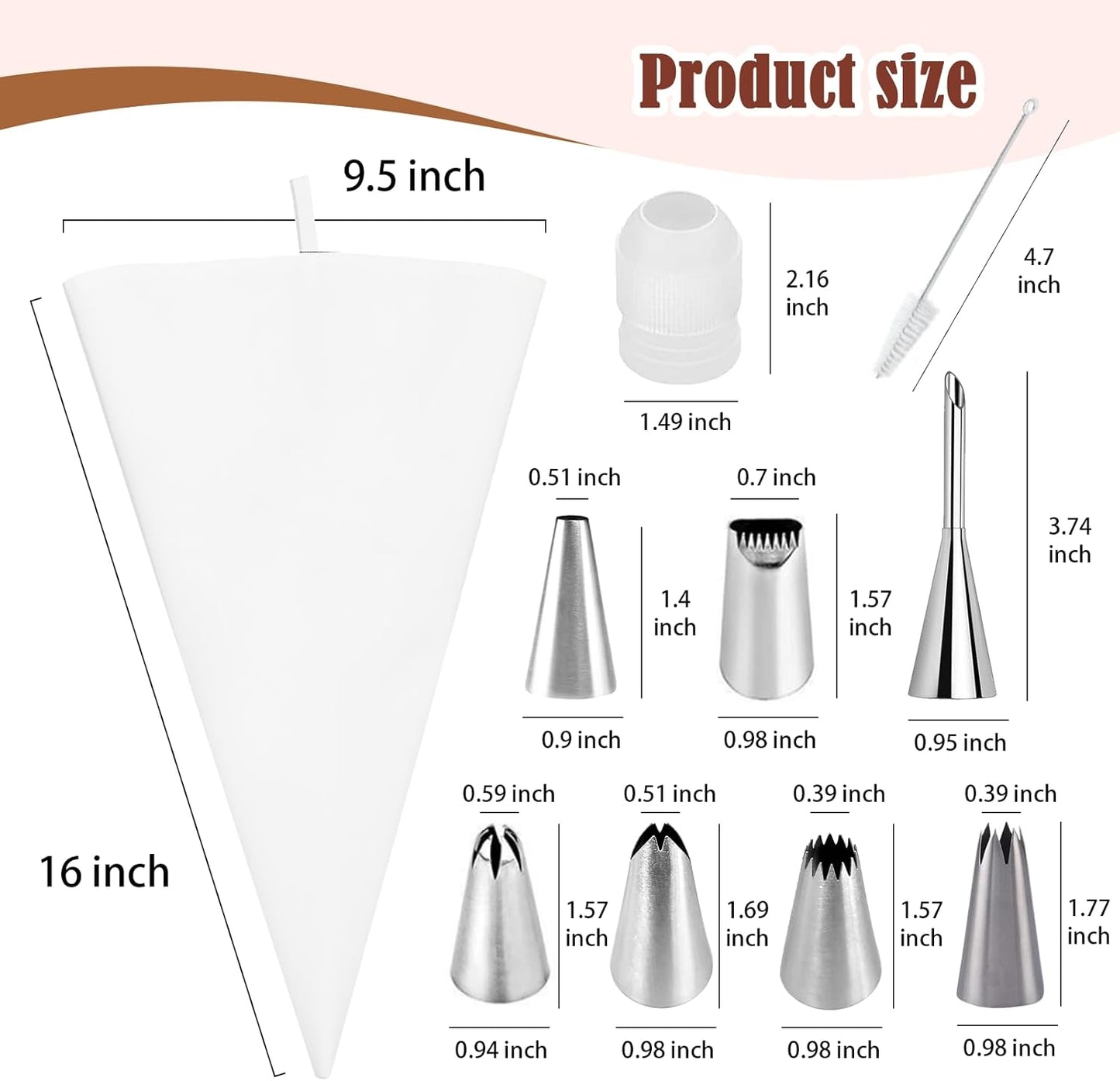 14-Piece Reusable Piping Bags and Tips Set- Cotton Baking Kit with Coupler, Stainless Steel Nozzles,Silicone Cable Ties& Cleaner for Cakes/Cupcakes/Cookies Decorating