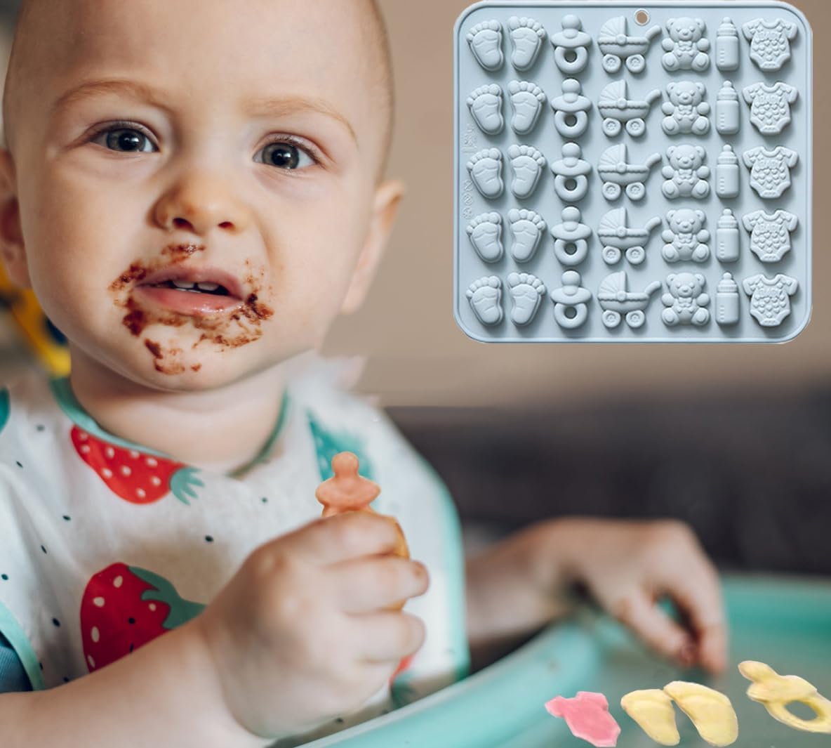 Baby Chocolate Mold Set Silicone Baking Molds with Footprint, Stroller, Reusable for Newborn Cakes, Diaper Party Treats Baby Favors - 2 Pack