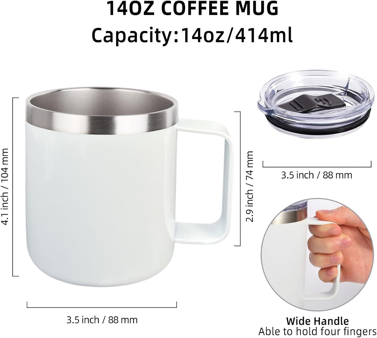 Volhoply 14oz sublimation Insulated Stainless Steel Coffee Mug with Lid Bulk 4 Pack,Double Wall Vacuum Travel Coffee Cup with Handle,Reusable Metal Cups Tumbler,Camping Mugs Keep Hot(Sublimation,4)