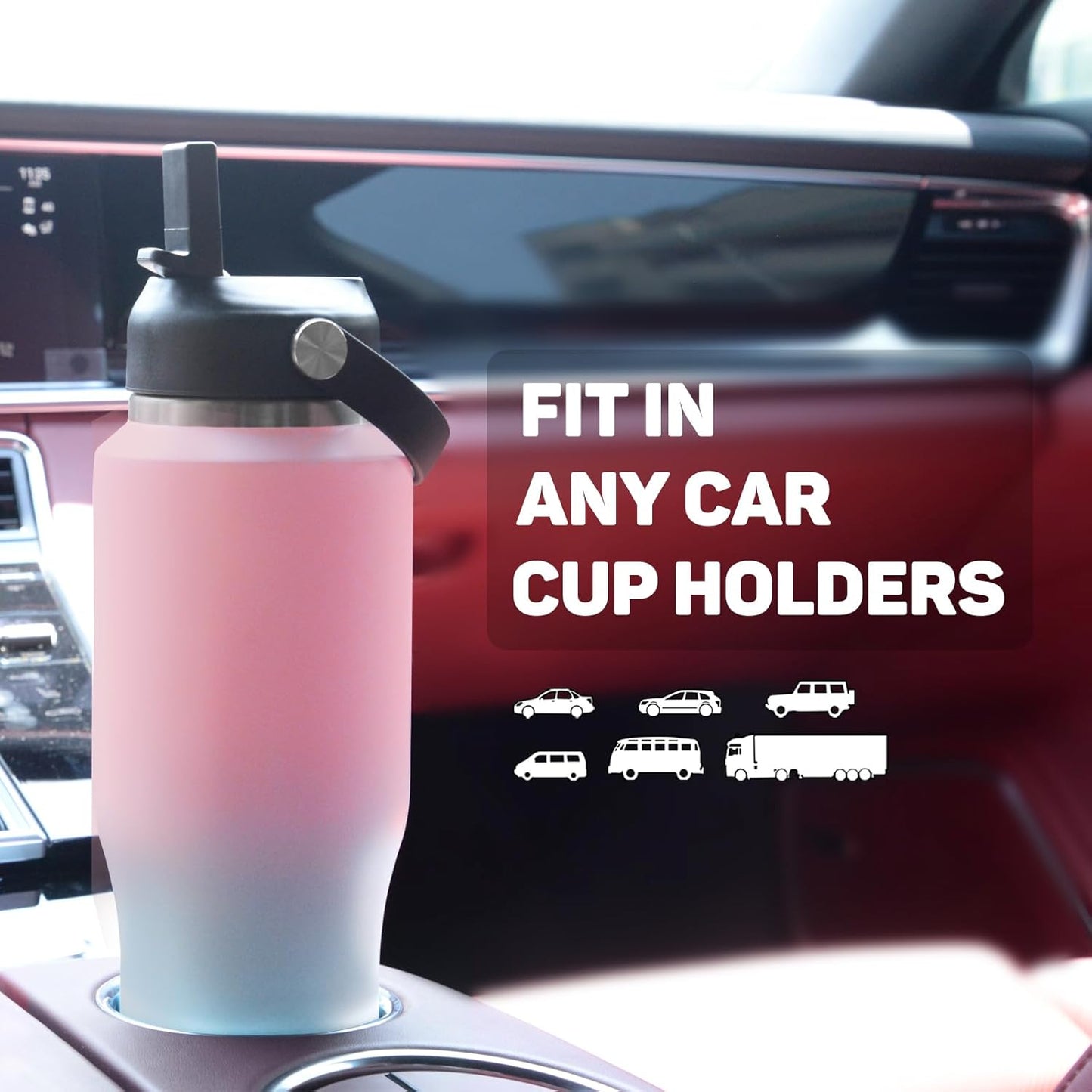 32oz Water Bottle with Powder Coated, Fit in Any Car Cup Holder, Water Bottle with Straw Lids, Stainless Steel Insulated Water Flask Double Wall Leak-proof BPA Free to Keep Cold&Hot