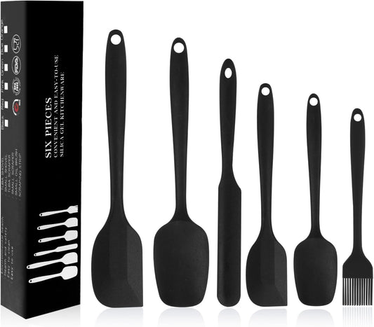 Silicone Spatulas Set of 6, Rubber Spoon Spatula Heat Resistant Spoonula One Piece Design Seamless Spatula Non-Stick Scrapers Baking Mixing Tool (Black)