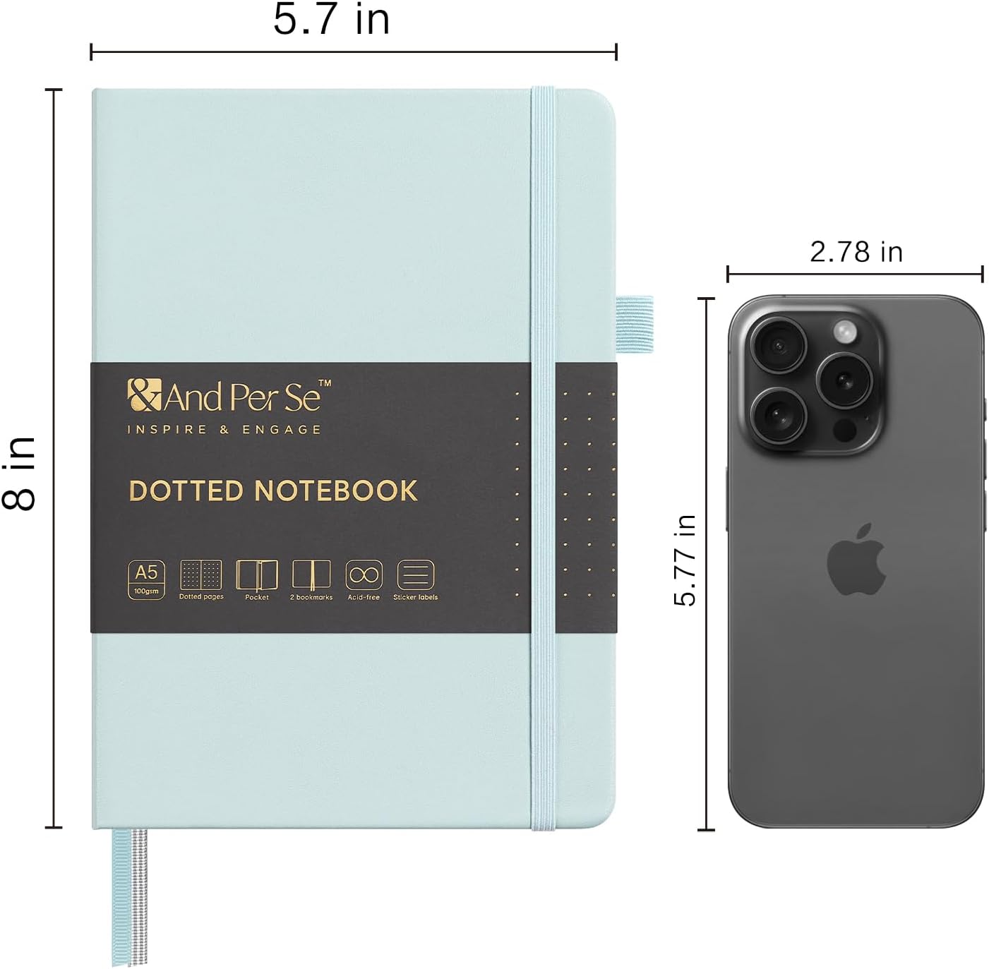 &And Per Se Dotted Journal Notebook, A5 Hardcover Leather Bullet Dotted Journal, 160 Pages 100 gsm Thick Dotted Paper，3 Sheets of Stickers Included - 5.7'' x 8''（Cyan）