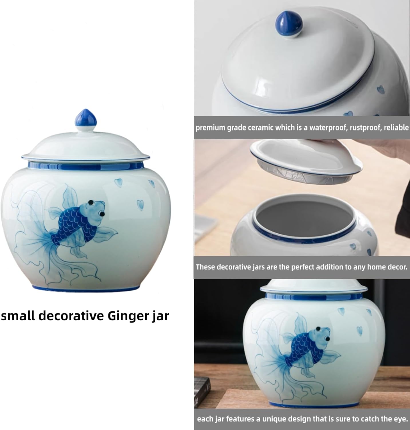 5 inches Ginger jar Lid - blue fish decorative Ceramic Ginger jar vase with Lid， chinoiserie gift koi decor small jars for Home decor/jewelry/Tea/coffee beans/Storage