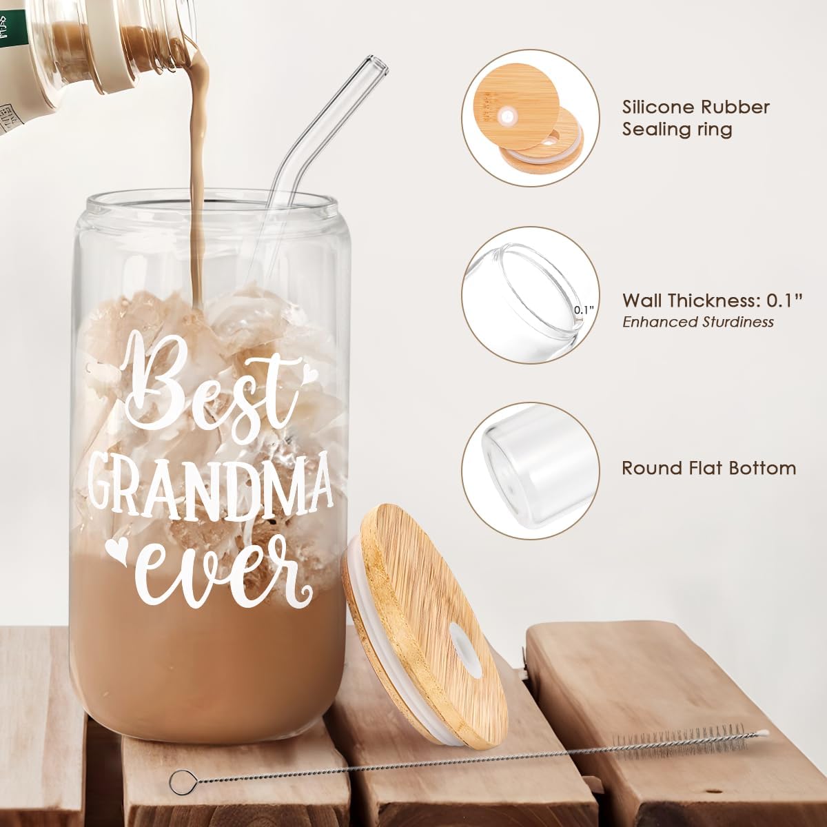 Grandma 16 Oz Can Glass Tumbler with Bamboo Lid and Straw - Iced Coffee Cups for Women, Aesthetic Glass Cup Gift for Grandmother Nana Birthday Christmas Mother's Day