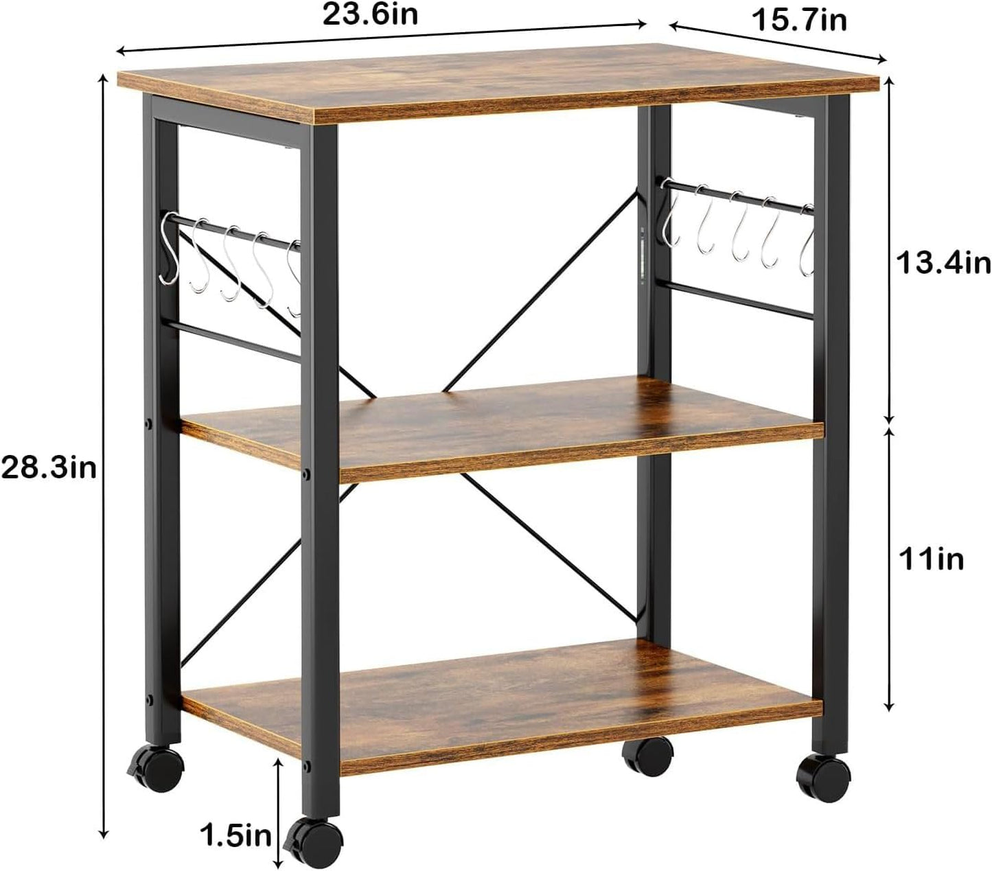 DlandHome Microwave Cart Stand 23.6 inches, 3-Tier Kitchen Baker's Rack Utility Storage Shelf Microwave Stand for Kitchen Organizer Workstation Shelf (Retro)