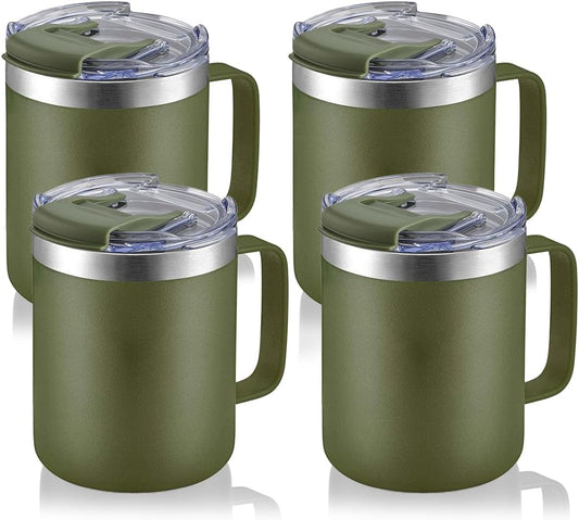 ALOUFEA 12oz Stainless Steel Insulated Coffee Mug with Handle, Double Wall Vacuum Tumbler Cup with Fliping Lid, Army Green, 4 Pack