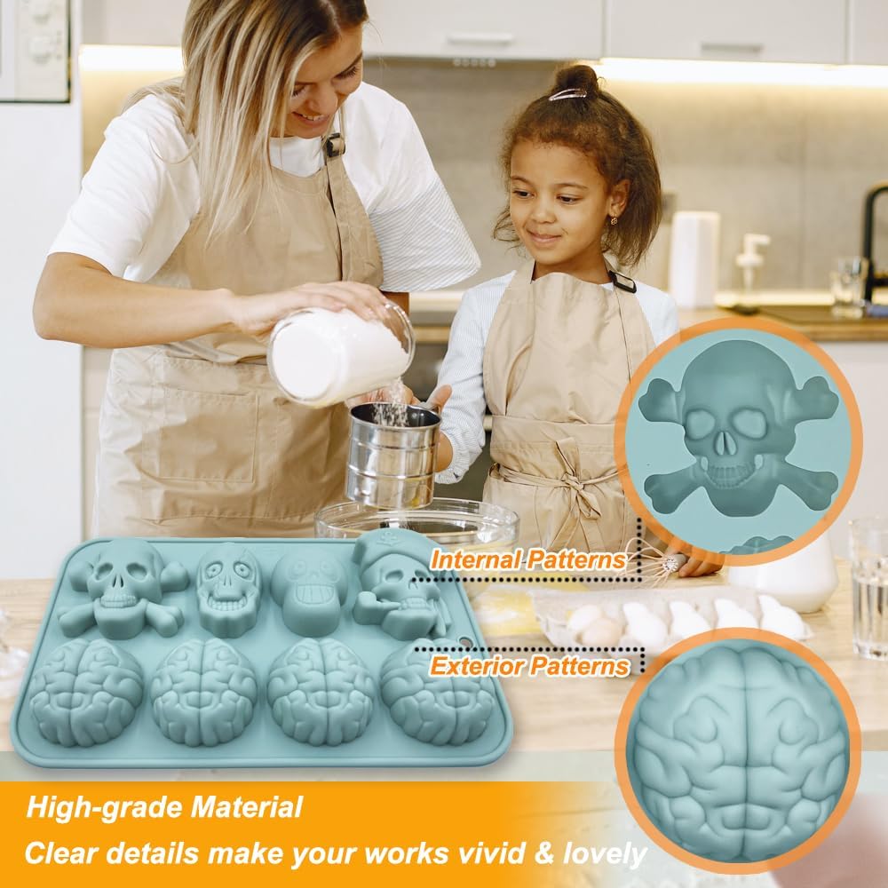 Halloween Chocolate Mold Silicone,2pcs Cavity Candy Gummy Mold with Skull and Brain for Baking Chocolate Jelly Gummy Desser