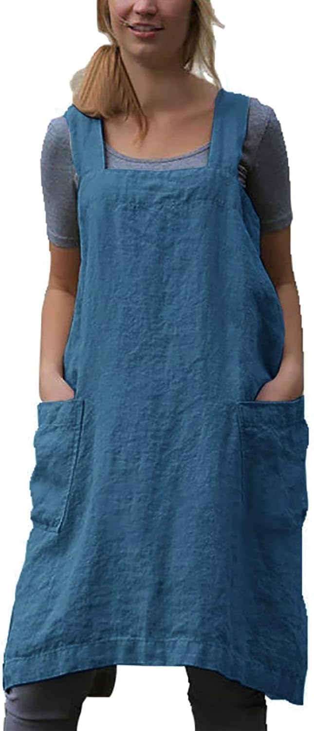 YESDOOD Cotton Linen Apron Cross Back Apron for Women with Pockets Pinafore Dress for Baking Cooking