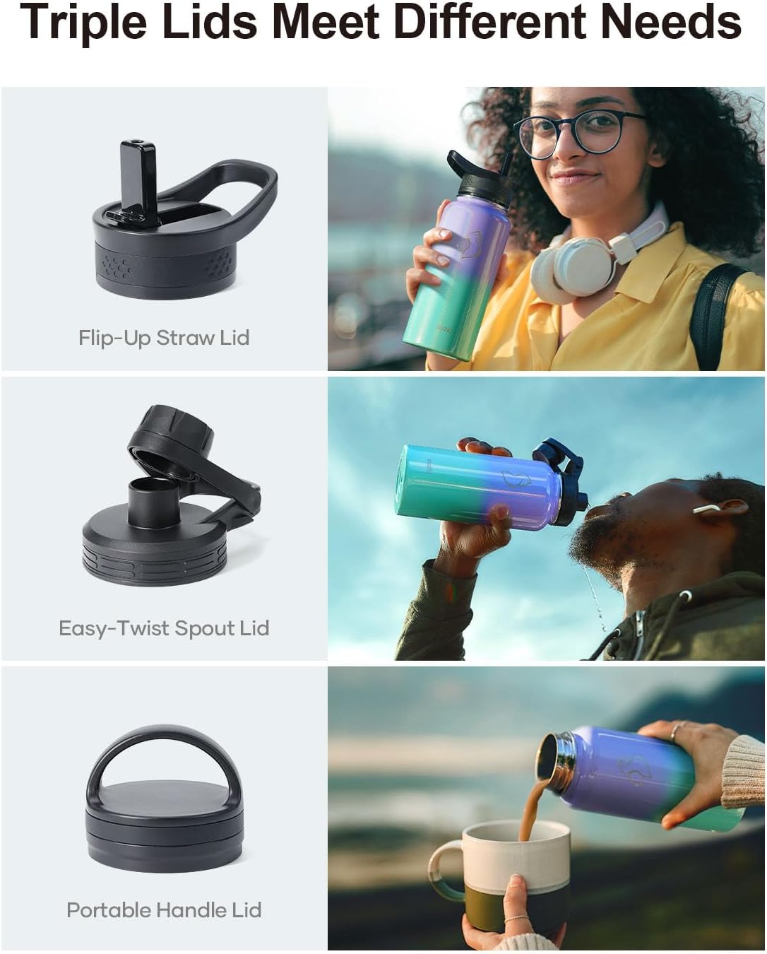 BUZIO 32 oz Water Bottle Insulated with Straw & 3 lid and Carrying Pouch, Leak Proof Anti-Slip Stainless Steel Water Flask Jug, Cold for 48 Hrs Double Vacuum Thermo Canteen, Pearlescent Purple Green