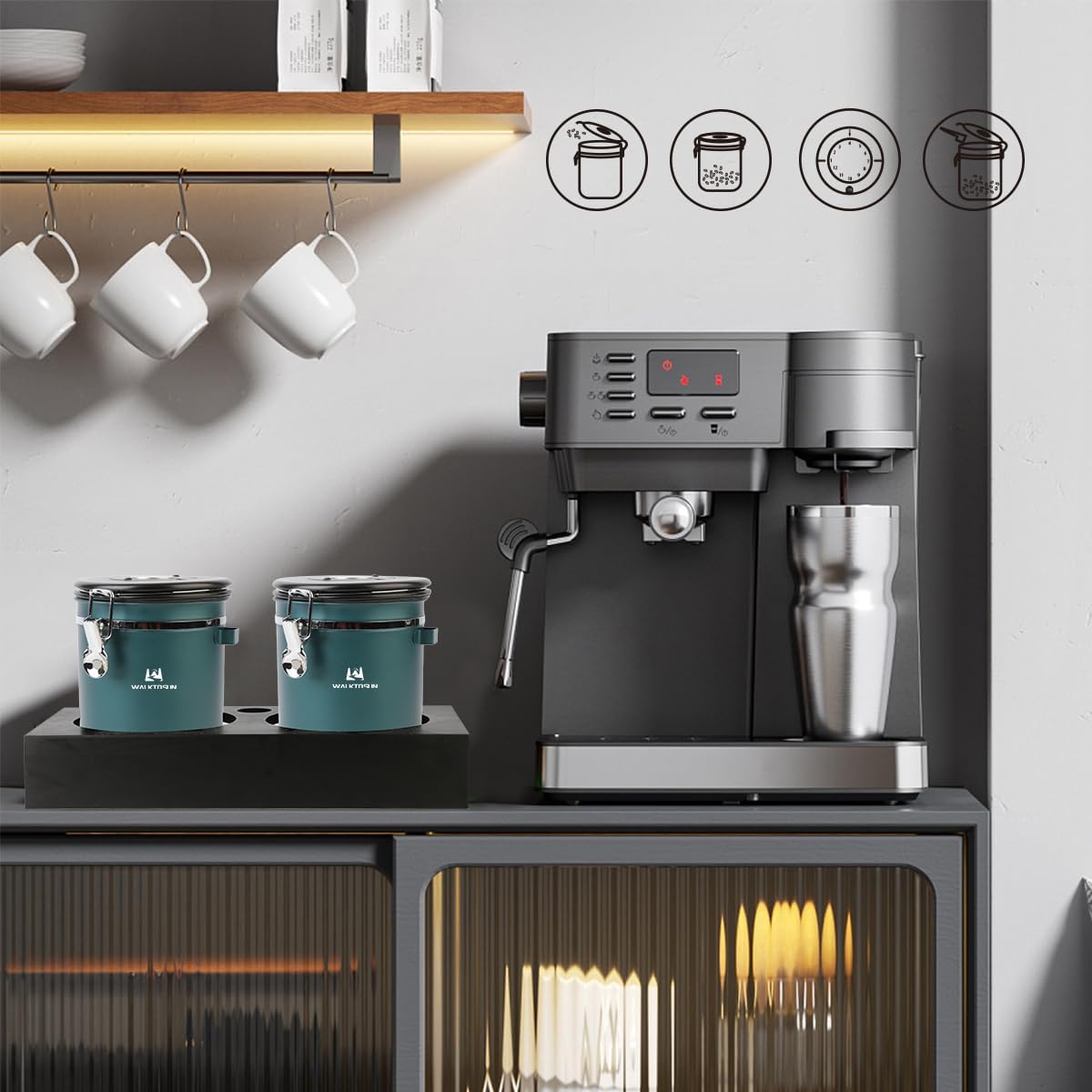 Coffee Canister Airtight Storage Container Stainless Steel Air Tight Coffee Jar with Scoop, Date Tracker CO2 Release Valve for Dry Food, Beans, Ground, Tea, Flour, Cereal and Sugar (1.8L,Green,2Pcs)