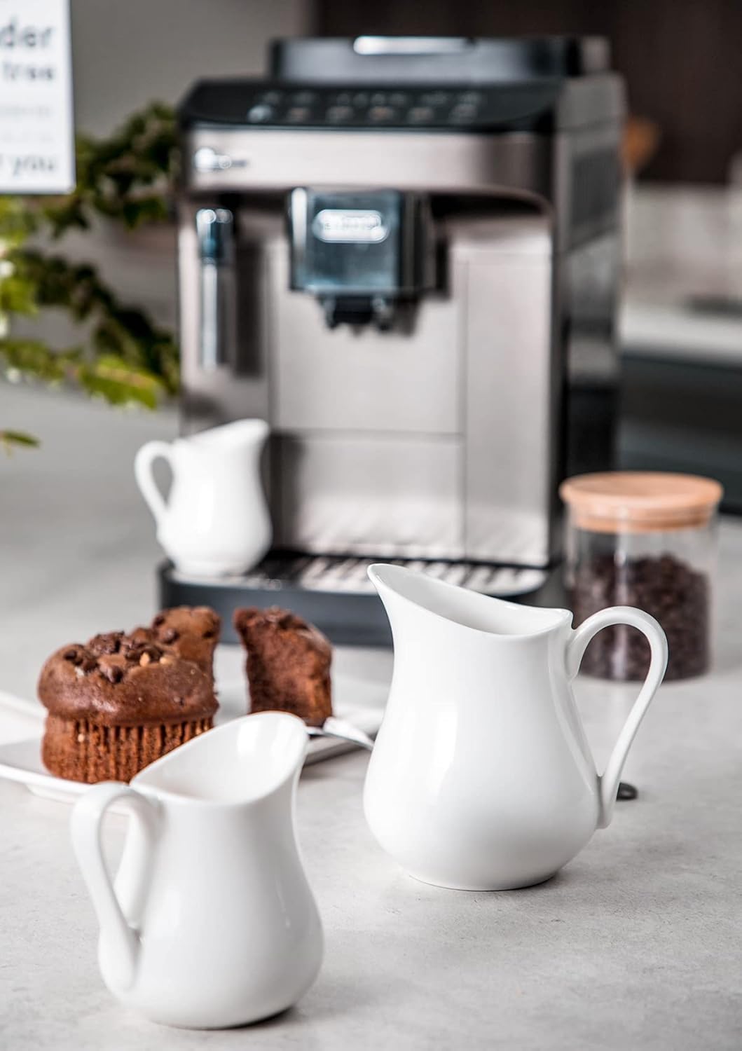 Nucookery Ceramic 4 Oz Creamer Pitcher Set, 2 Pack Creamer Container, White Small Milk Pitcher Container Cups with Handle For Sauces Salad Coffee Milk, Microwave & Freezer Safe, Set of 2