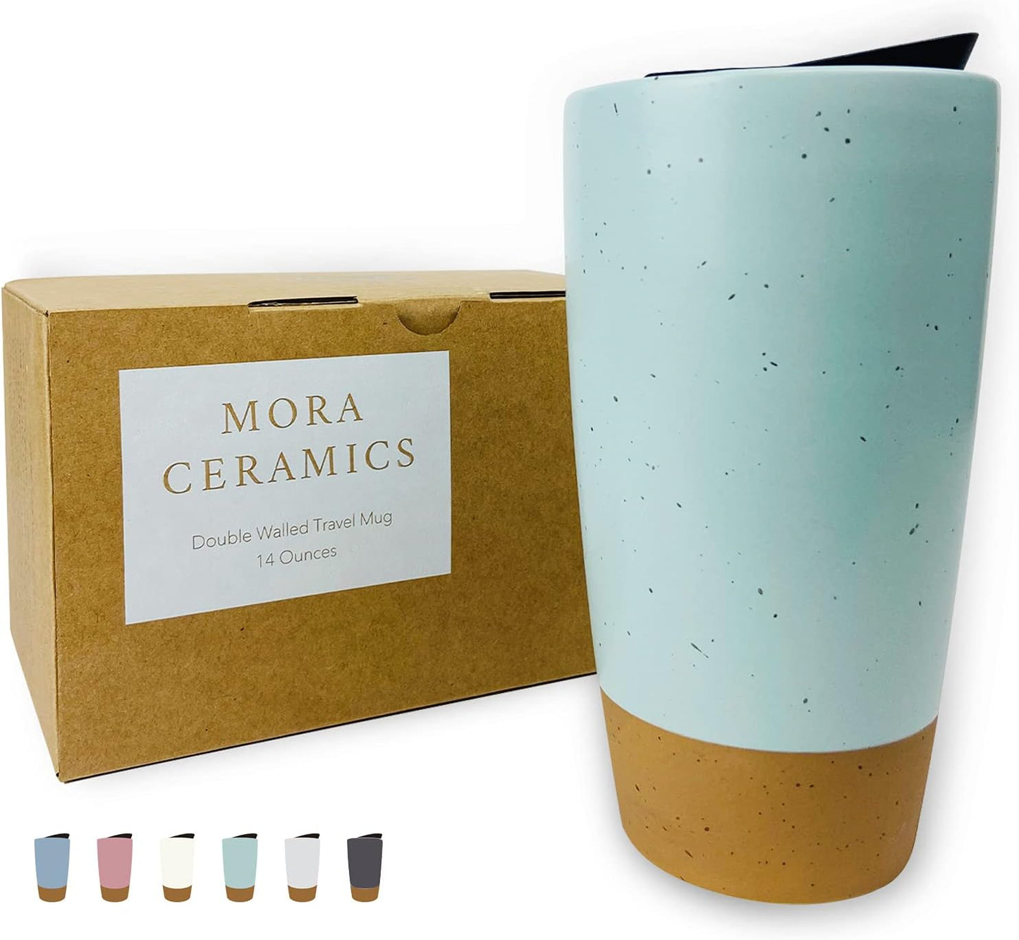 Mora Double Wall Ceramic Coffee Travel Mug with Lid, 14 oz, Portable, Microwave, Dishwasher Safe, Insulated Reusable Tall Cup, Splash Resistant Lid - To Go Tumbler for Car Cup Holder, Seafoam