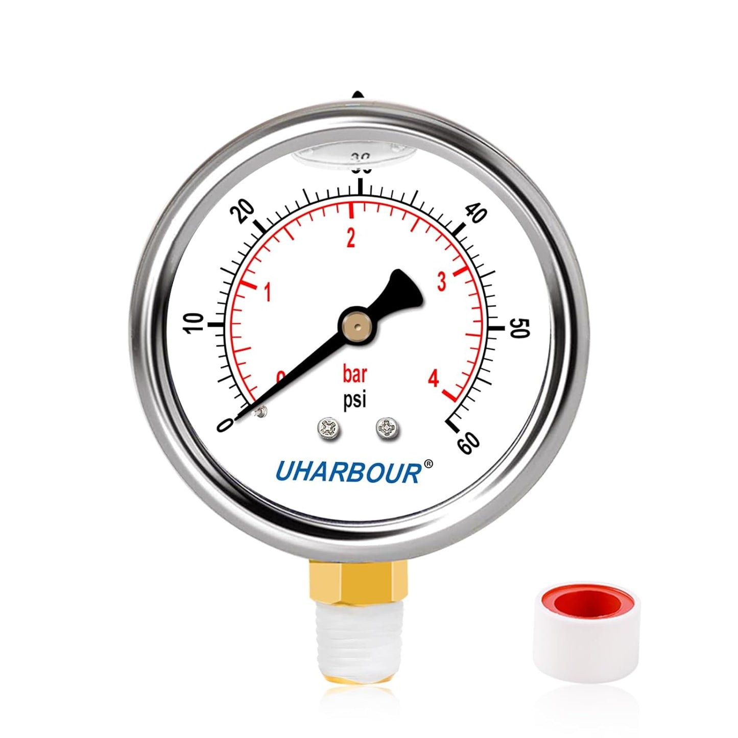 Glycerin Filled Pool Filter Pressure Gauge 60psi/4bar, Stainless Steel Case, Brass Inside Construction, 2-1/2" dial, 1/4" NPT Lower Connection Pre-Wrapped with Teflon Tape