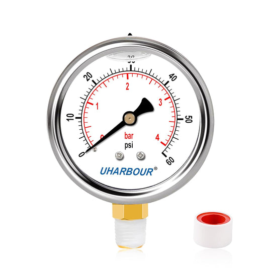 Glycerin Filled Pool Filter Pressure Gauge 60psi/4bar, Stainless Steel Case, Brass Inside Construction, 2-1/2" dial, 1/4" NPT Lower Connection Pre-Wrapped with Teflon Tape