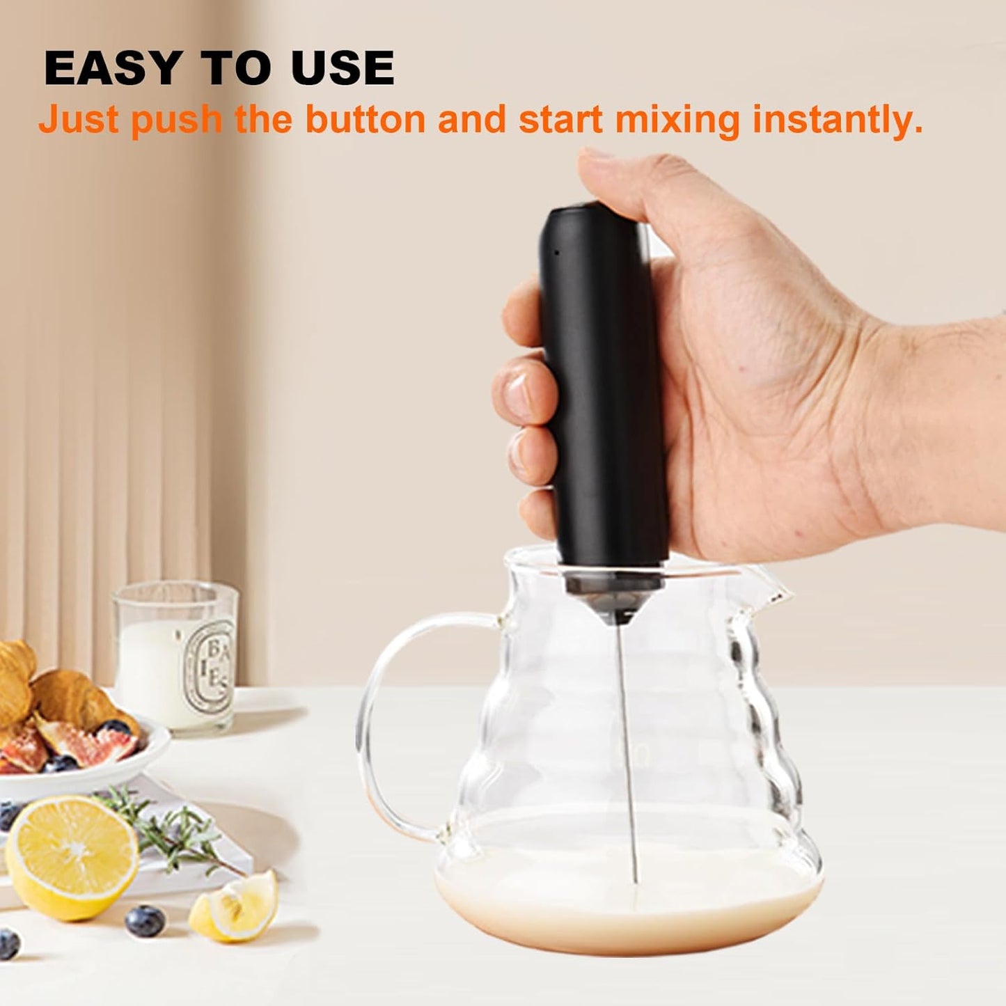 Rechargeable Milk Frother with Cover, Easy to Carry Drink Mixer Handheld, Electric Frother Wand for Coffee, Latte, Cappuccino, Frappe Drink, Hot Chocolate, Black