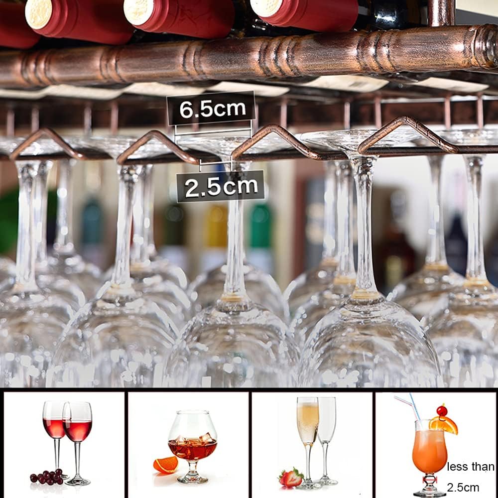 Rustic Wine Rack Wall Mounted with Glass Holder, Adjustable Hanging Bar Wine Glass Rack Ceiling, 47.2in Bottle Holder Wine Shelf Shelves, Perfect for Bar Kitche