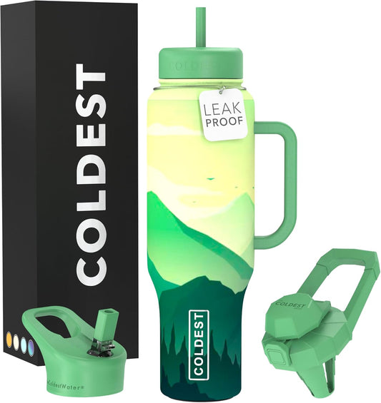 Coldest 40 oz Tumbler with Handle and Straw - 100% Leak Proof Insulated Tumbler with Lid and Straw (3 Lids) - Stainless Steel Tumblers for Women & Men - Cup Holder Friendly Base, 46 oz (Happy Camper)