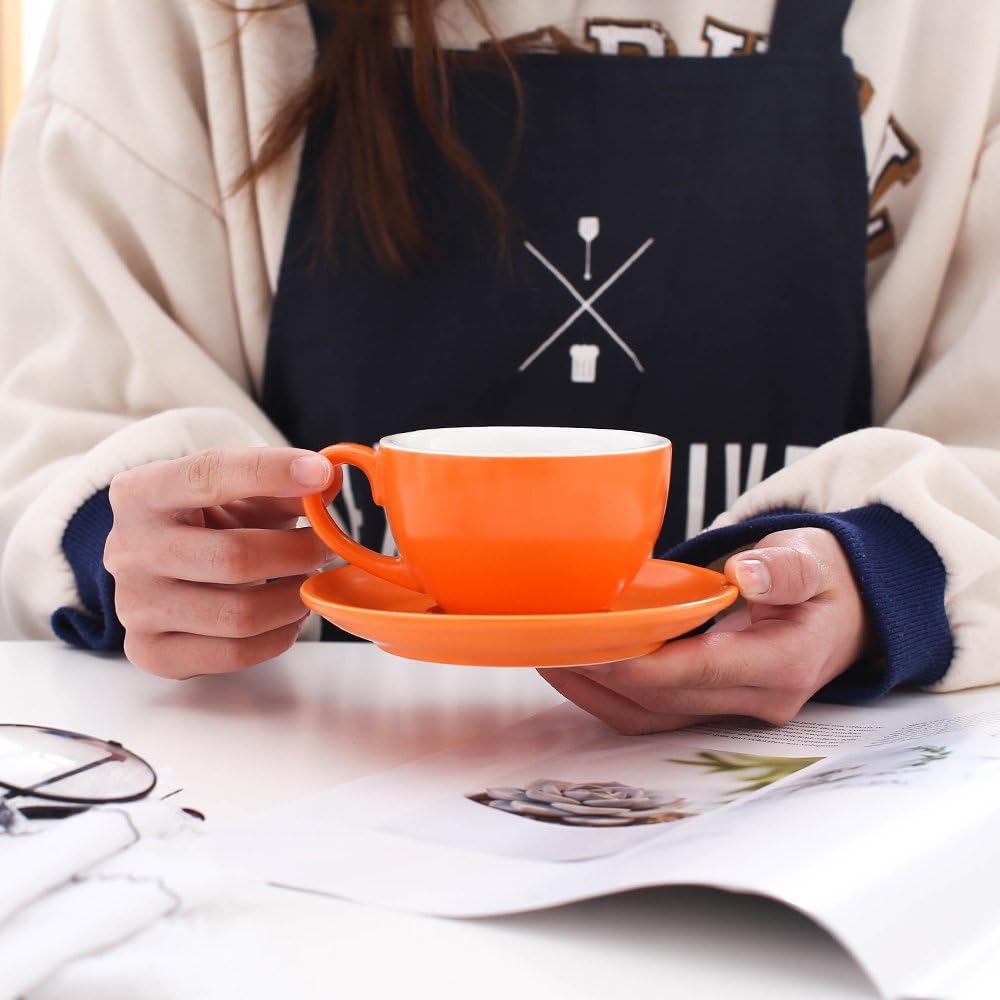 Ceramic Latte Art Cup and Saucer for Latte & Cappuccino, Mate for Coffee Shop and Barista (Matte Orange, 10.5 oz)