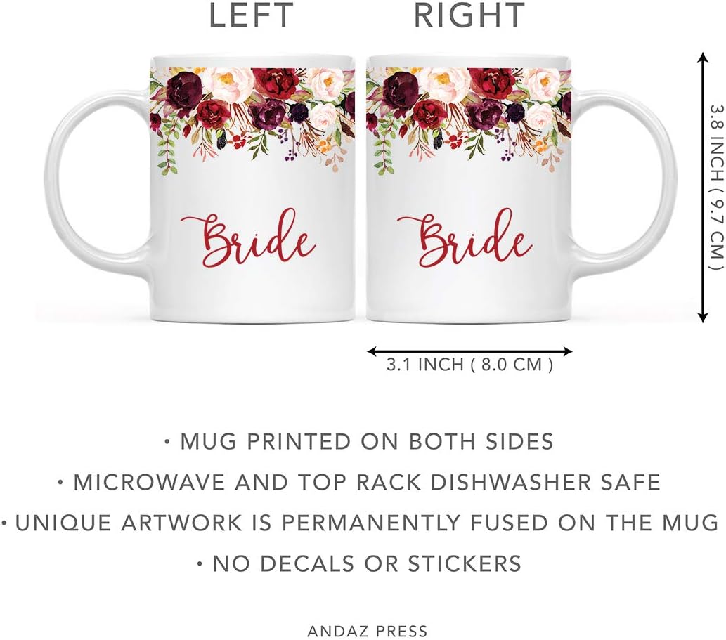 Andaz Press 11oz. Wedding Ceramic Coffee Tea Mug Gift, Fall Autumn Marsala Burgundy Flowers Roses Florals, Bride, 1-Pack, Includes Gift Box