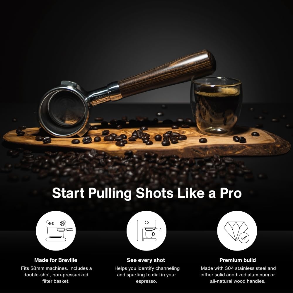 Crema Coffee Products 58mm Bottomless Naked Portafilter | Compatible with 58mm Breville Machines | Includes Double Shot Filter Basket | Olivewood