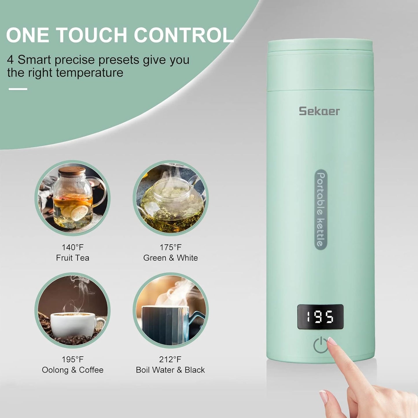 Sekaer Travel Electric Tea Kettle Portable Small Mini Coffee Kettle, with 4 Variable Presets, Personal Hot Water Boiler 304 Stainless Steel with Auto Shut-Off & Boil Dry Protection, SY-618G