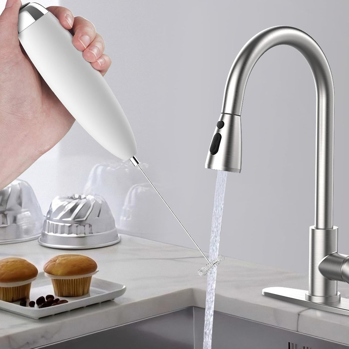 Frother Handheld for Coffee, Milk Frother Upgraded Matcha Whisk Drink Mixer Electric Mini Hand Mini Whisk Foamer Coffee Mixer for Lattes Cappuccino Frappe Matcha Hot Chocolate, White