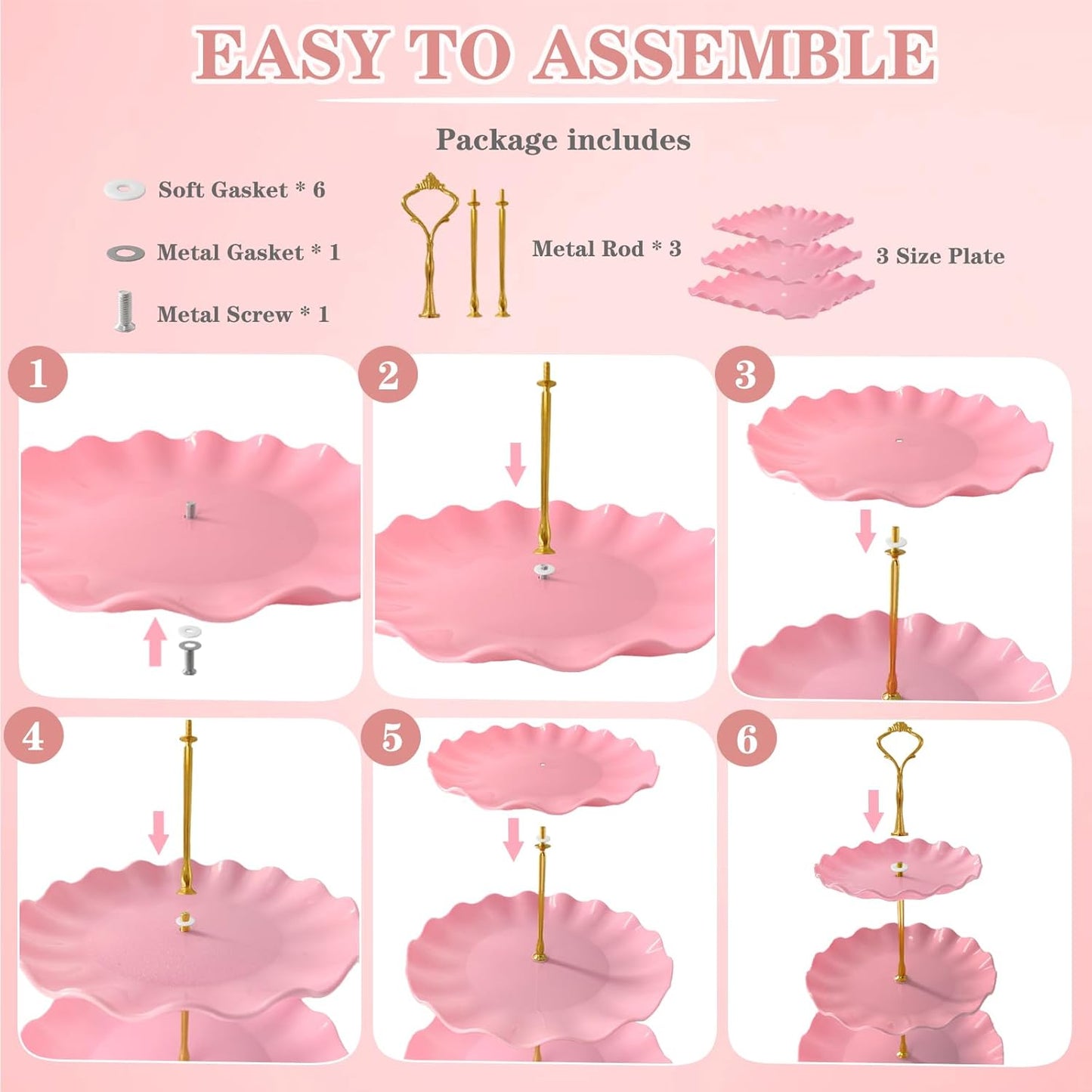 5 Pcs Dessert Table Display Set, Pink Plastic 2 Pcs Square 3 Tier Cupcake Stand Cup Cake Tower Stand with Metal Rod & 3 Pcs Serving Tray for Baby Shower, Tea Party, Wedding, Birthday Party