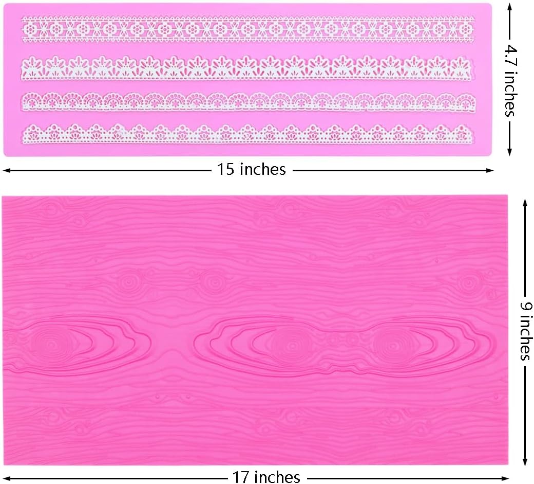 Embossing Lace Fondant Molds, Woodgrain Fondant Mats Molds, Silicone Molds for Cake Decorating set of 2