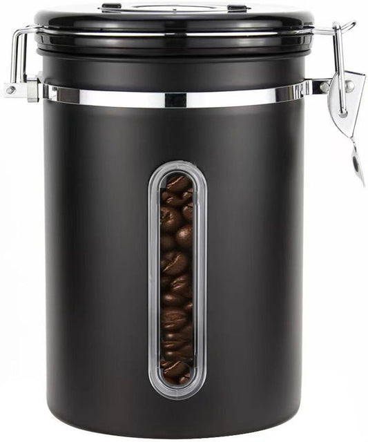 Coffee Canister with Window, 22OZ Airtight 304 Stainless Steel Food Storage Container, Home Kitchen Sugar Organizers Jar with Scoop for Beans, Rice,Tea, Flour, Cereal, Black