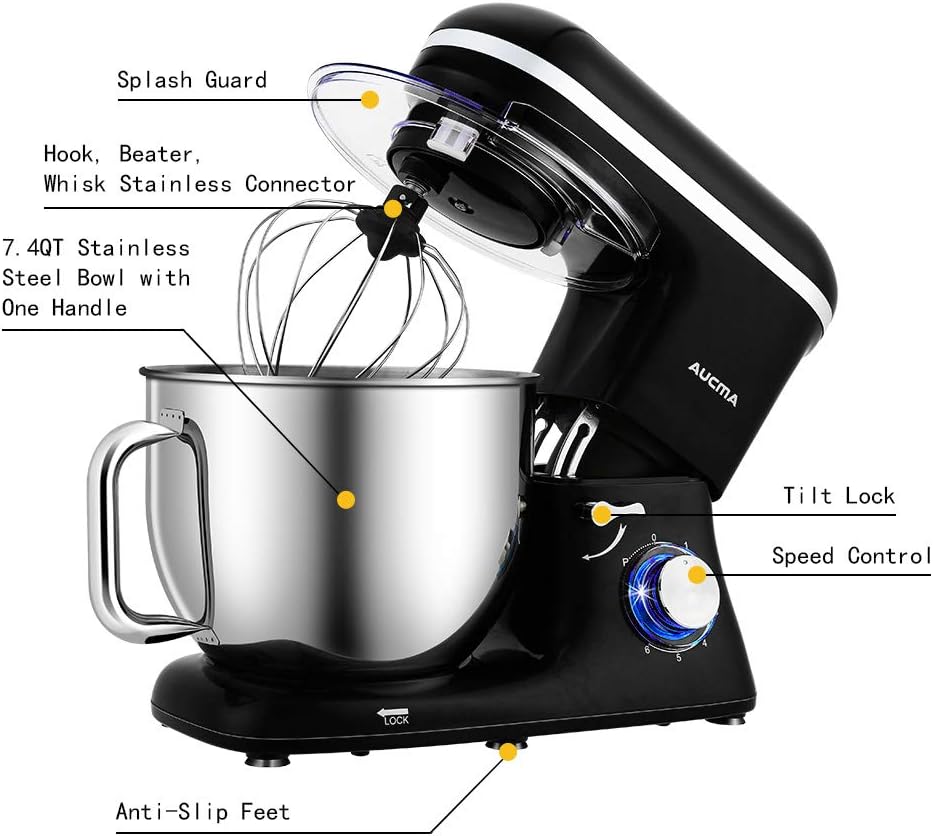 Aucma Stand Mixer,7.4QT Food Mixers, Kitchen Electric Mixer with Dough Hook, Wire Whip & Beater(Black, 7.4QT)
