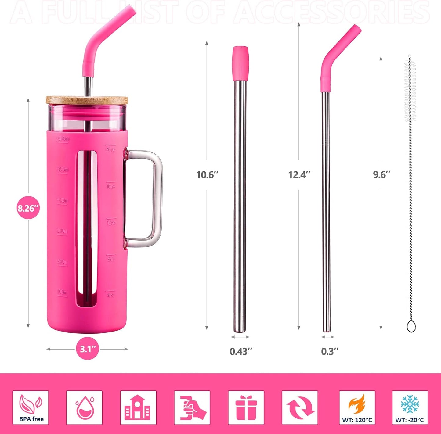 Kodrine Tumbler with Lid and Straw, 20 oz Glass Coffee Tumbler with Handle, Smoothie Cup with Bamboo Lid | Time Marker | Silicone Protective Sleeve, BPA Free -Rose Red