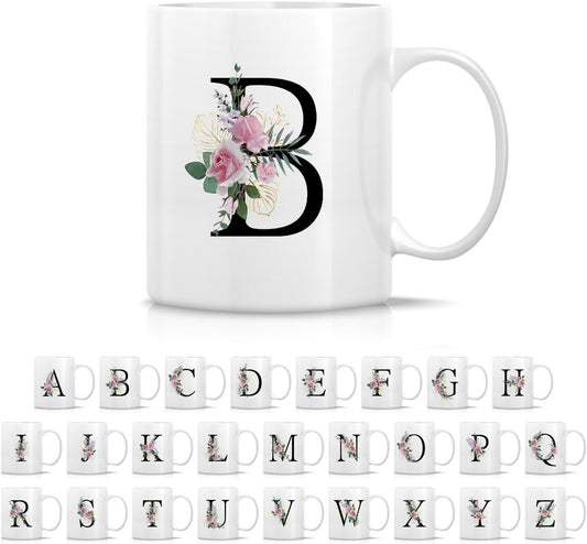 Retreez Initial A-Z Floral Botanical Bouquet Alphabet Monogrammed Monogram Mug 11 Oz Ceramic Tea Coffee Mugs - Appreciation Thank You Wedding Birthday Gifts for her friend coworker sister - B Initial