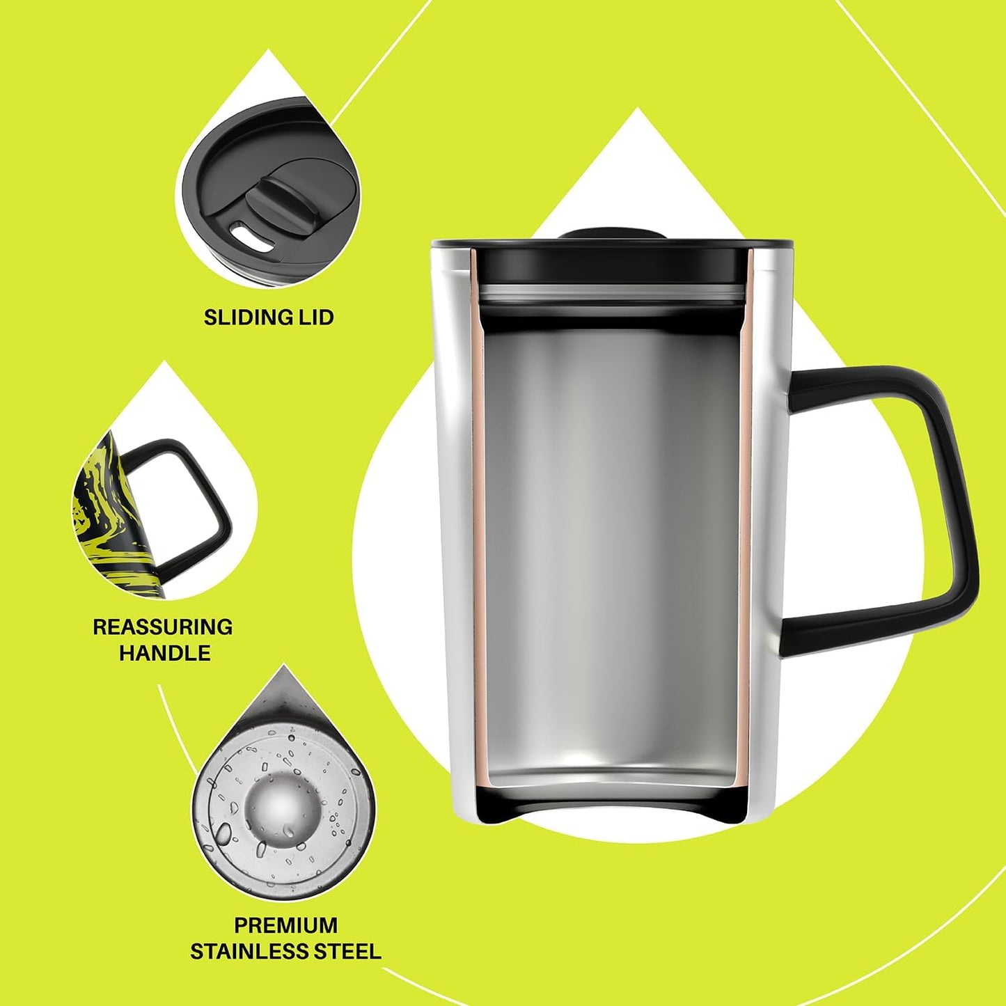 Ideus Vacuum Insulated Coffee Mug, 16oz Reusable Stainless Steel Thermal Double Walled cup with Handle and Slider Lid for Hot & Cold Beverages, BPA Free (Yellow Zebra)