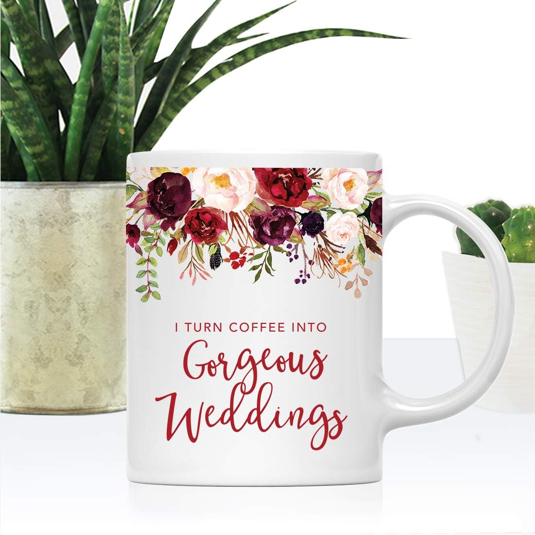 Andaz Press 11oz. Wedding Ceramic Coffee Tea Mug Gift for Wedding Planner, Fall Autumn Marsala Burgundy Flowers Roses Florals, I Turn Coffee Into Gorgeous Weddings, 1-Pack, Includes Gift Box