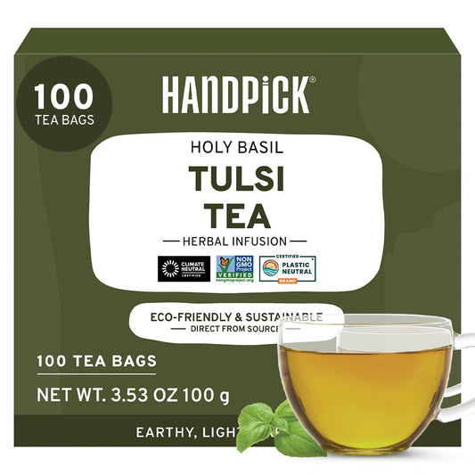 HANDPICK, Holy Basil Tea Bags (100 Count) Caffeine Free, Non-GMO Tulsi Leaves- Tulsi Tea | Round Herbal Tea Bags