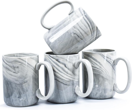 Coffee Mugs Set of 4,16 OZ Large Marble Ceramic Tea Cups with Big Handle,Bulk Grey Marble Mugs Set for Latte, Beer,Cappuccino,Microwave Dishwasher Safe Cup for Men Women Gift