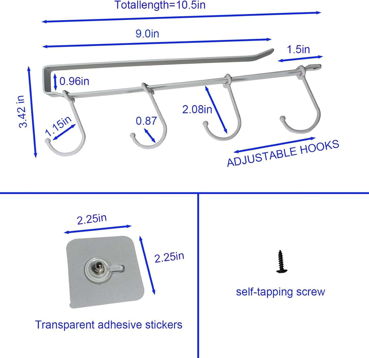 Adjustable Mug Holder Under Cabinet - Coffee Cup Holder with 8 Mug Hooks Under Shelf - White - Space Saving and Versatile