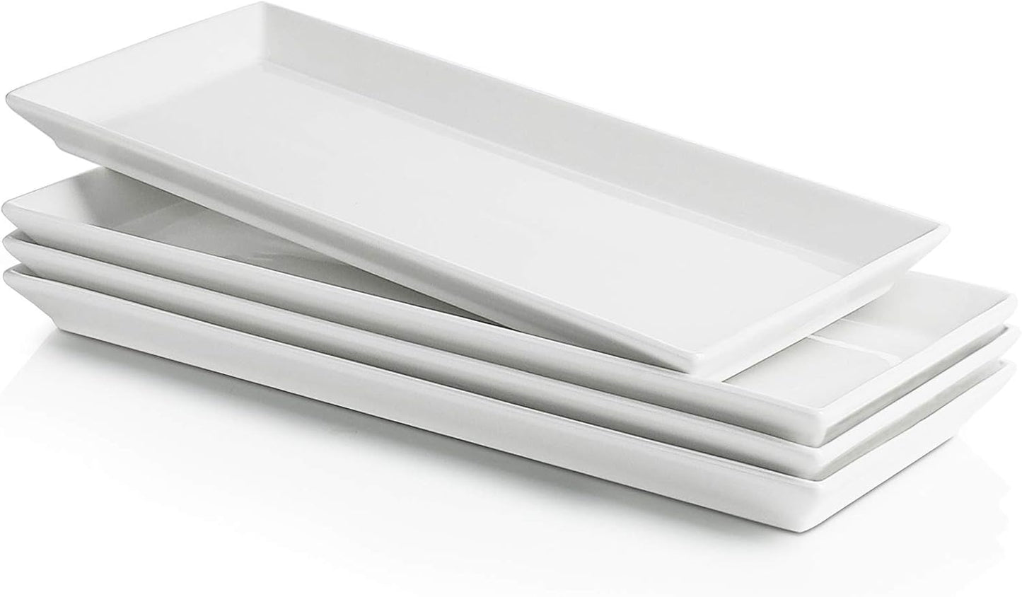 Sweese Porcelain Serving Platters 11.7 Inch - Elegant White Rectangular Plates, Set of 4 for Parties, Sushi, Appetizers