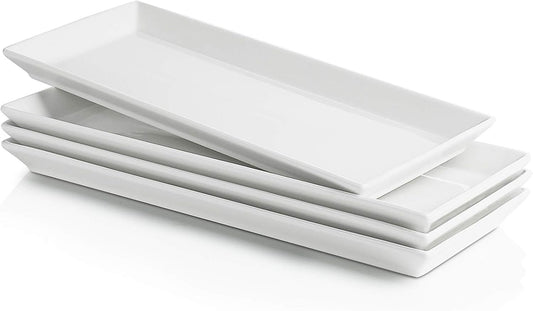 Sweese Porcelain Serving Platters 11.7 Inch - Elegant White Rectangular Plates, Set of 4 for Parties, Sushi, Appetizers