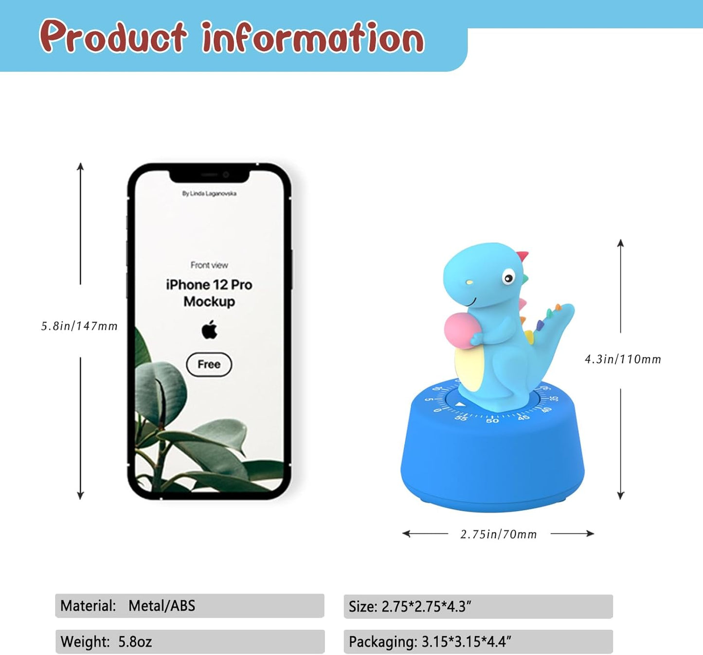 60 Minutes Mechanical Kitchen Timer,Cute Dinosaur Timer for Kids,Wind Up Egg Timer for Cooking,Reading,Classroom and Do Sports. (Sky Blue)