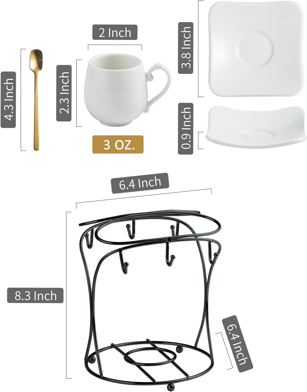 LYEOBOH Espresso Cups with Saucers Set, Porcelain Coffee Cups and Metal Stand and Spoons, Small Demitasse Cups for Espresso, Latte, Cafe Mocha, Cappuccino, and Tea, 3 OZ, Set of 6, White