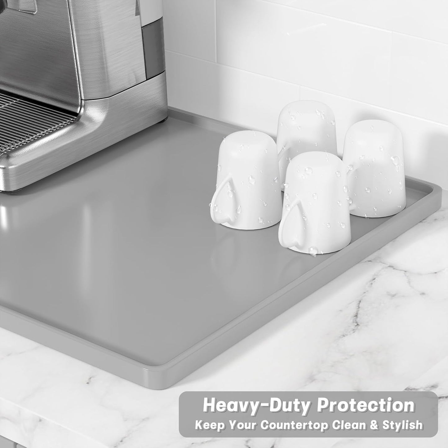 Rnivvi Silicone Coffee Mat, 16" x 24" Waterproof Raised Edge Coffee Bar Mats for Espresso Machine Station Accessories, Heat Resistant Dish Drying Pad for Kitchen Counter, Rubber Bar Decor Pad, Gray