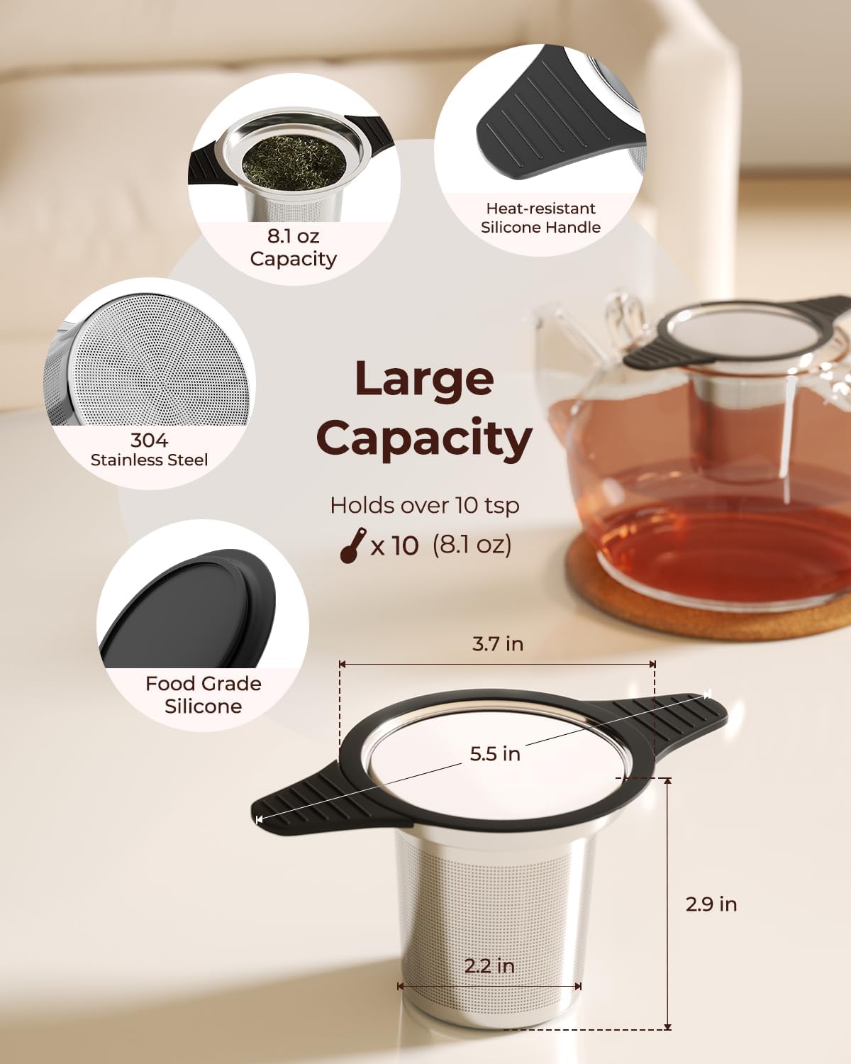 Reinmoson Large Tea Strainers & Filters for Loose Tea Single Cup, 304 Stainless Steel and Food Grade Silicone Extra Fine Mesh Tea Infusers for Loose Tea