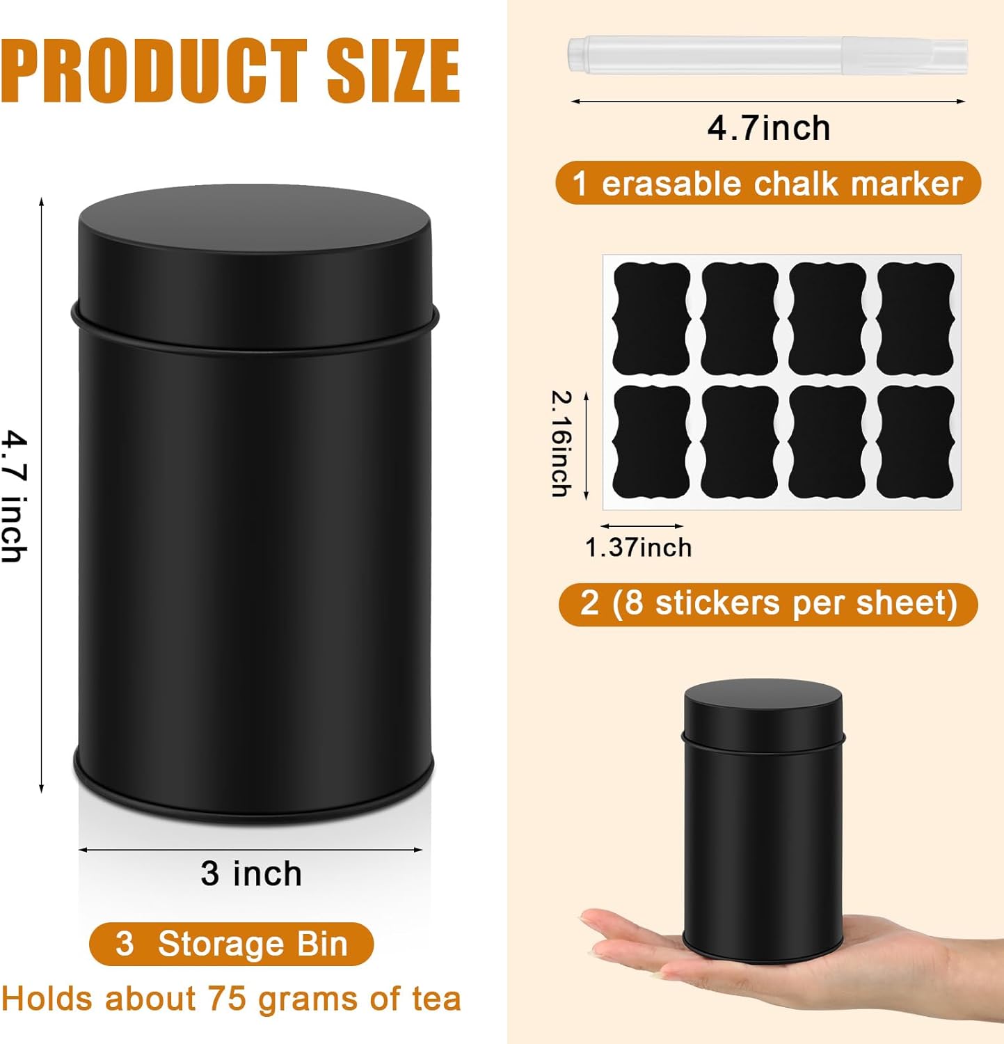 Tanlade 3 Pcs Tea Tin Canister Metal Round Can with Airtight Lid Double Sealed Tea Tin Canisters, with 1 Erasable Chalk Marker and 16 Stickers for Loose Leaf Coffee Sugar, 16 oz