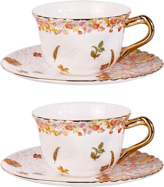 KAMMAK Tea Cups and Saucers Set of 2, Reinforced Porcelain Coffee Cups, 8.5-Ounce Stackable Espresso Mugs, Ceramic Demitasse for Coffee, Cappuccino, Latte, Americano, Tea, Secret Flourish