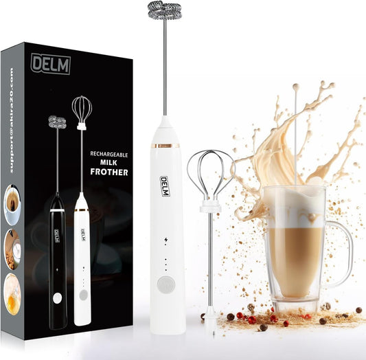 Delm Milk Frother Electric USB Stainless Steel Accessory - Frother Wand Foam Maker for Lattes - Milk Frother Handheld for Cappuccino, Frappe, Matcha, Hot Chocolate - Frother for Coffee (white)
