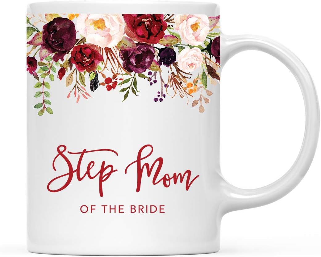Andaz Press 11oz. Wedding Ceramic Coffee Tea Mug Gift, Fall Autumn Marsala Burgundy Flowers Roses Florals, Step Mom of the Bride, 1-Pack, Includes Gift Box
