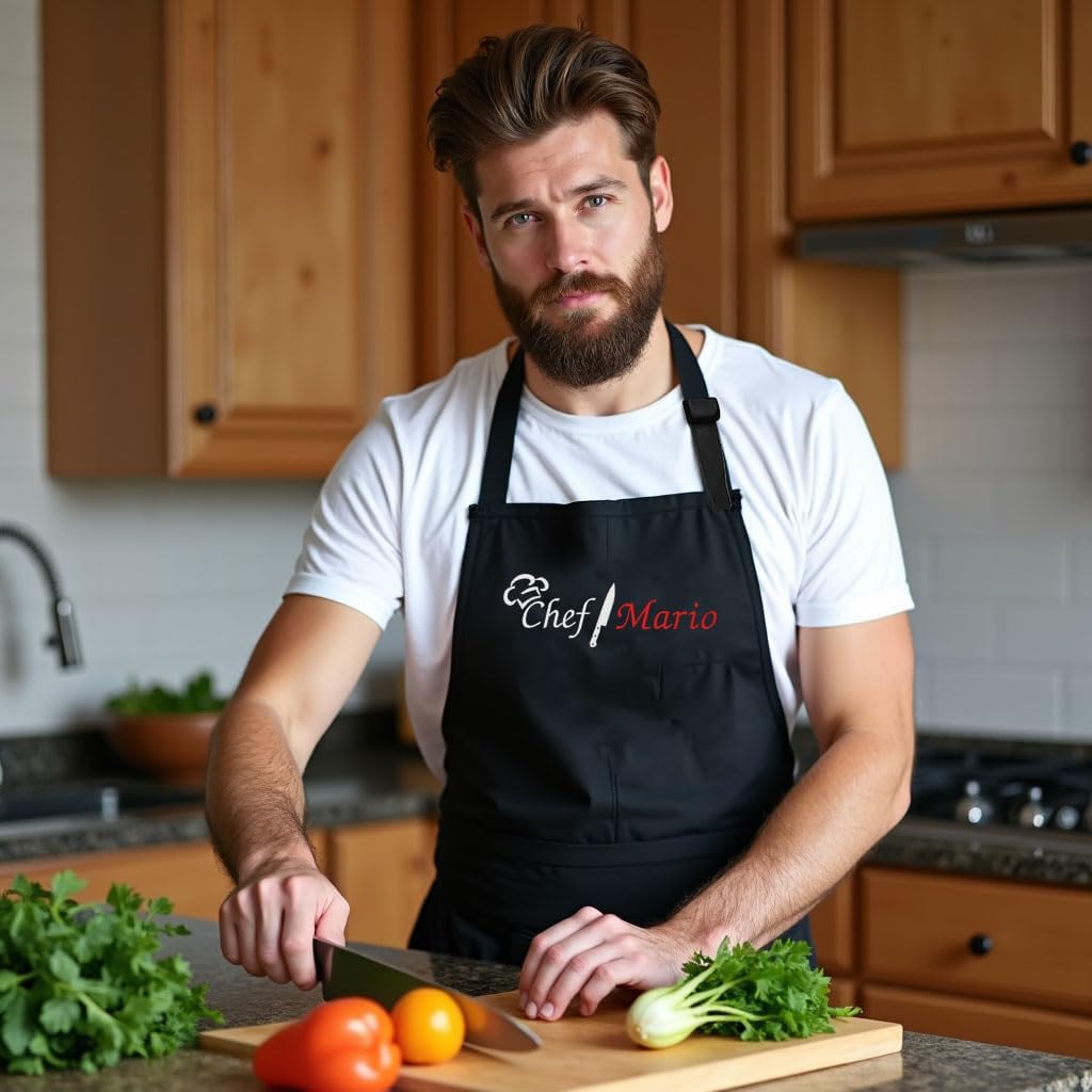 Personalized Chef Apron for Men, Custom Embroidered Design, Professional Kitchen Cooking BBQ Grilling for Dad, Decorated in USA