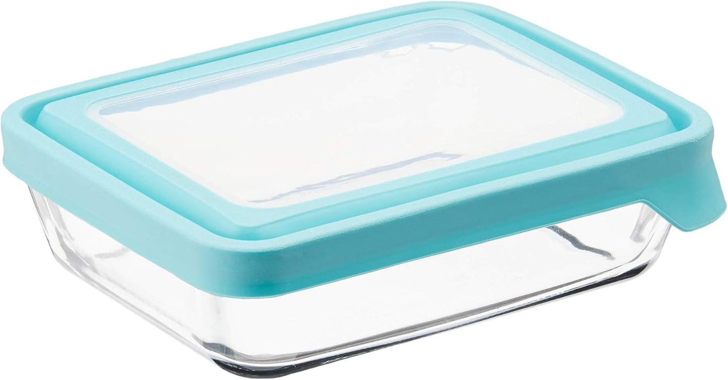 Anchor Hocking TrueSeal Glass Food Storage Containers with Mineral Blue Airtight Lids, 6 Cup Capacity (48 Oz), Rectangle, Pack of 4
