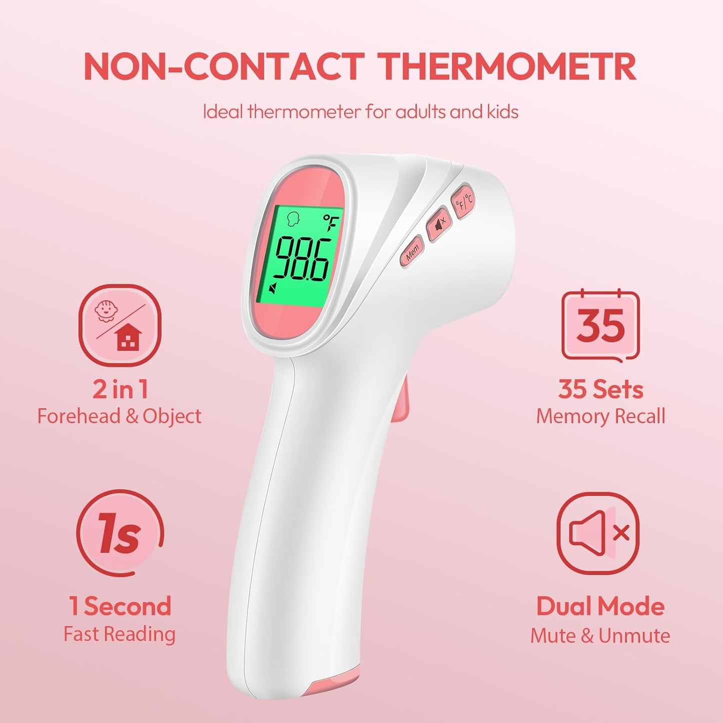 Forehead Thermometer for Adults, Kids & Babies, No-Touch Digital Thermometer with LCD Backlight Display, FSA HSA Eligible, Fever Alarm and 1s Instant Reading - Pink